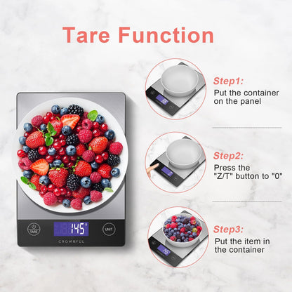 Crownful Food Scale, Rechargeable 304 Stainless Steel Digital Kitchen Scale Upto 33lb Weight Grams and Ounces with LCD Display and Type-C Charging
