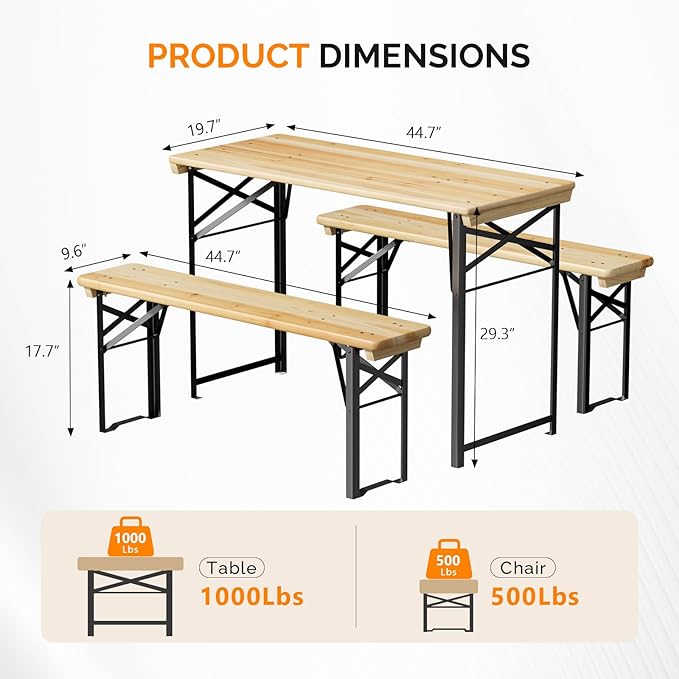 VINGLI 45 Inch Folding Picnic Tables with Benches Set, Weather-Resistant Wooden Beer Garden Table Bench, 3-Piece Portable Fold Up Camping BBQ Table,Natural Wood Color