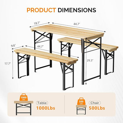 VINGLI 45 Inch Folding Picnic Tables with Benches Set, Weather-Resistant Wooden Beer Garden Table Bench, 3-Piece Portable Fold Up Camping BBQ Table,Natural Wood Color