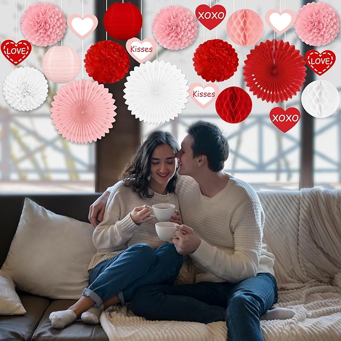 22pcs Valentines Day Party Decorations – Red Pink Paper Fans, Honeycomb Hanging, Tissue Pom Poms Kit for Classroom, Office, Birthday, Galentines Ceiling Decor
