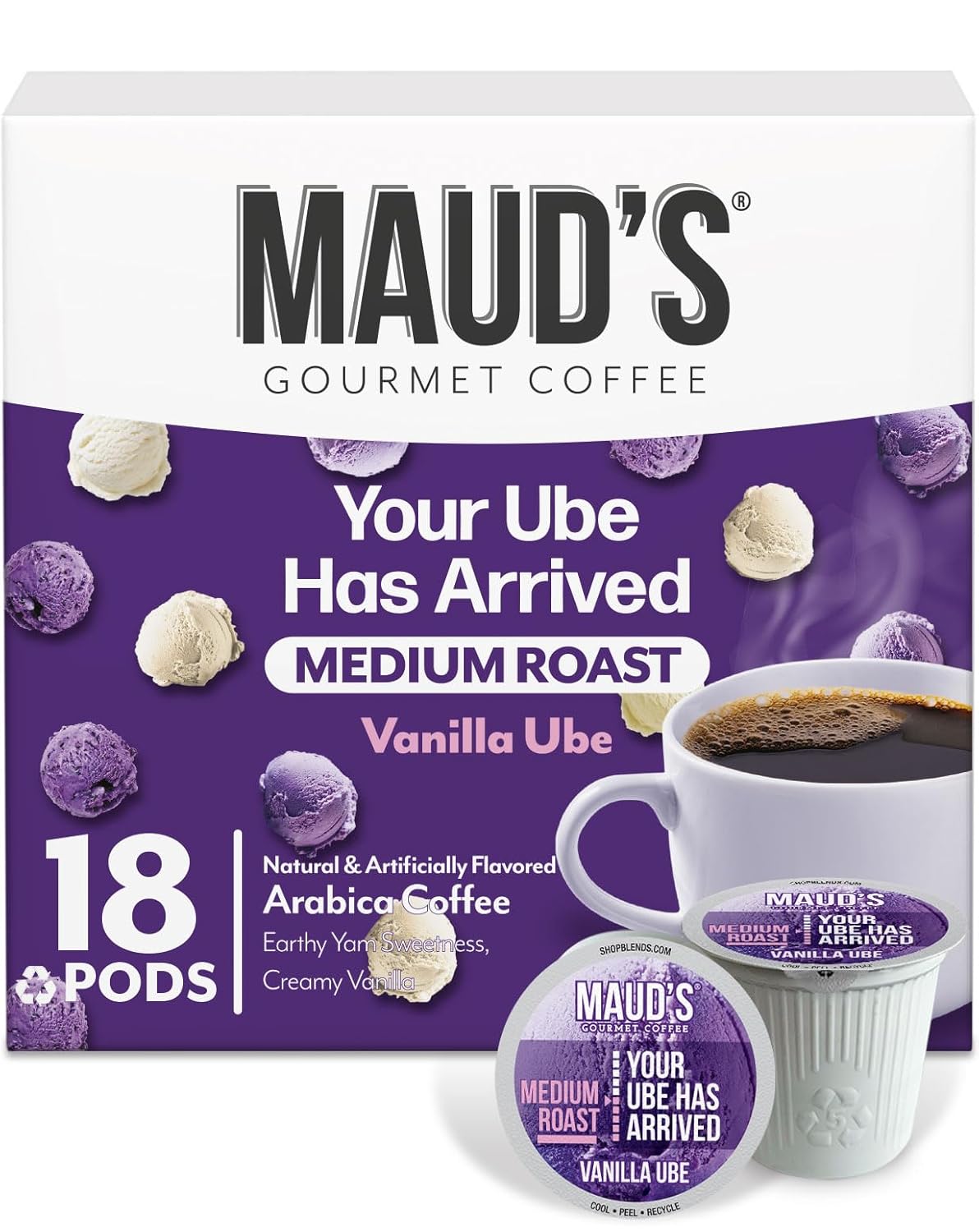 Maud's Vanilla Ube Flavored Coffee Pods, 18 ct, Medium Roast Flavored Coffee in Recyclable Single Serve Pods – 100% Arabica Beans