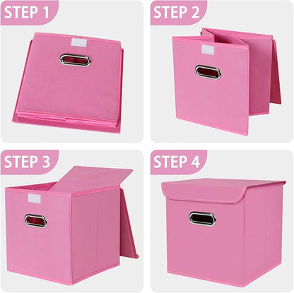 Closet Organizers Fabric Storage Bins With Lids Collapsible Cube Storage Organizer Basket With Handles,Storage Boxes for Clothes Storage,Office,Laundry,Shelves,6 Pack,（Pink）