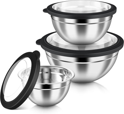 HaWare Mixing Bowls with Airtight Clear Lids, 6-Piece Stainless Steel Strong Nesting Bowls Set, Metal Salad Bowl for Cooking, Prepping, Baking