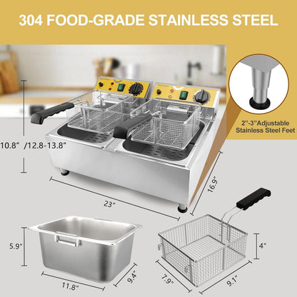 Dual Tank Deep Fryer 20L(21.1Qt) 3500 W Fast Heating, with Basket and Lid, 304SS Electric Large Deep Fryer for Home and Commercial, Countertop Deep Fryers