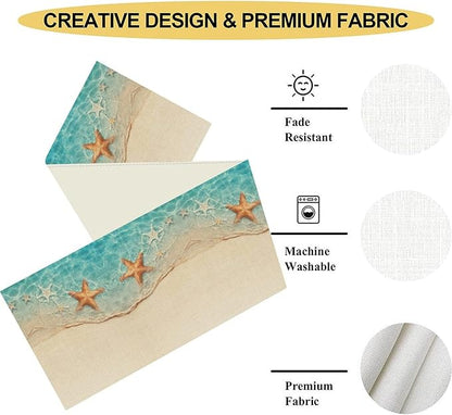 Summer Ocean Starfish Table Runner, Tropical Coastal Blue Sandy Clear Sea Water Waves Coffee Table Center Deco, for Family Kitchen and Living Room Farmhouse Party Table Decorations, 13" X 36"