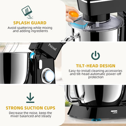 Stand Mixer, 6QT 10+P Speed Tilt-Head Kitchen Electric Mixer, Food Mixer with Stainless Steel Bowl, Dough Hook, Flat Beater, Wire Whisk
