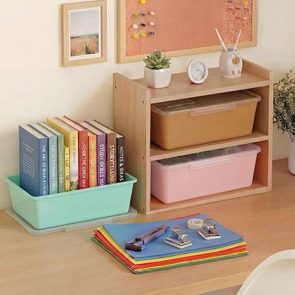 10 Pcs Cubby Bin with Clear Latching Lid Label Sticker Colored Plastic Stackable Book Storage Container for Classroom Office Home Sorting Arts Craft Desk Organizer(Boho)