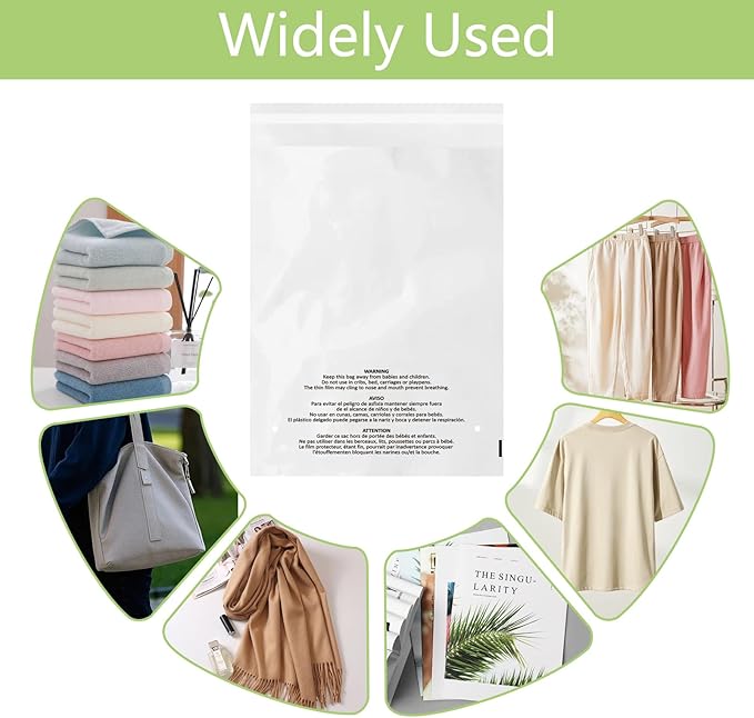 200 Count 11x14 Inch Self Seal Clear Poly Bags with Suffocation Warning for Packaging Clothing, T Shirts, Decorative Wrappers and More with Permanent Adhesive(1.5mil)