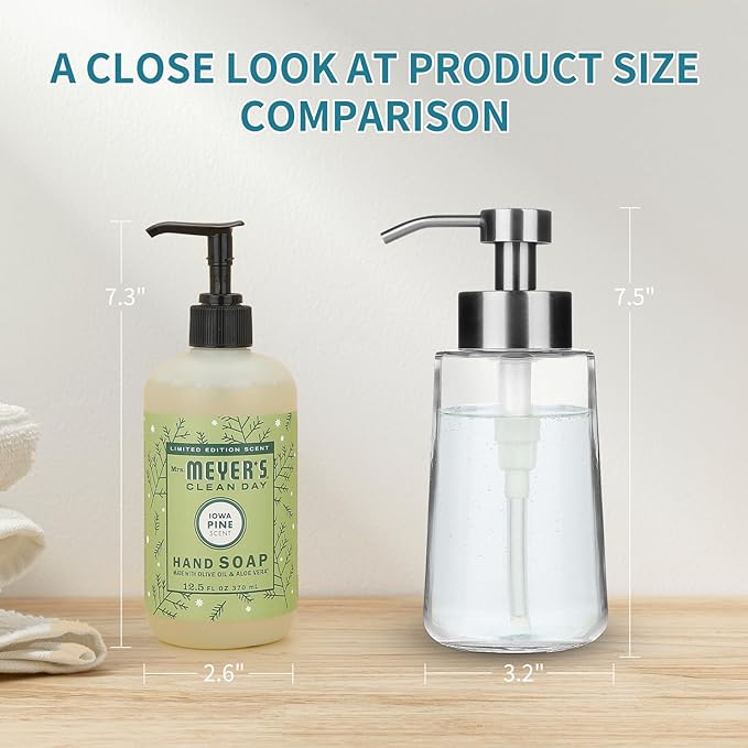 Soap Dispenser, Glass Hand Soap Dispenser with Rust Proof Pump, 16oz Liquid Soap Container with Waterproof Labels, Dish & Hand Soap Pump for Bathroom, Kitchen, Brushed Nickel, Pack of 2
