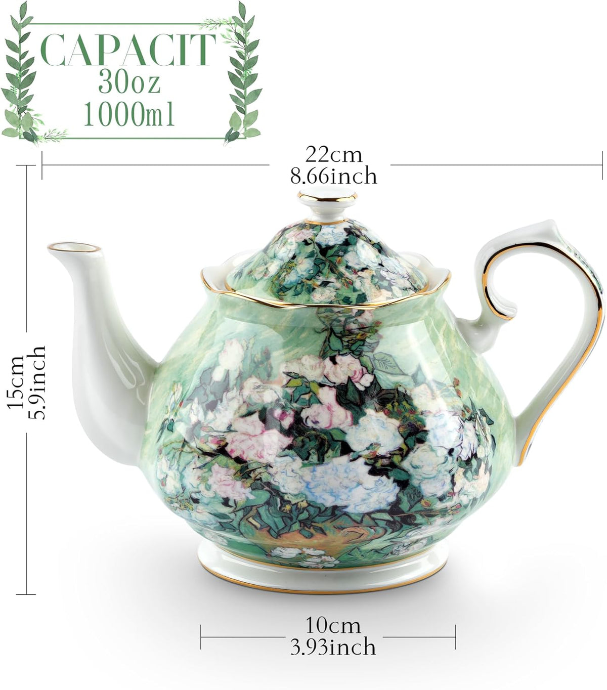 Teapot 30 oz Van Gogh Paintings Bone China Loose Tea Pot Floral Design Vintage Ceramic Coffee Water Pot European Style Porcelain (White Rose)