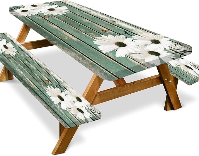 Picnic Table Cover with Bench Covers Daisy Flowers Wooden Floral Waterproof Windproof Fitted Outdoor Tablecloth with Elastic Rectangle Table Cloth Camping Accessories,96x30 Inch