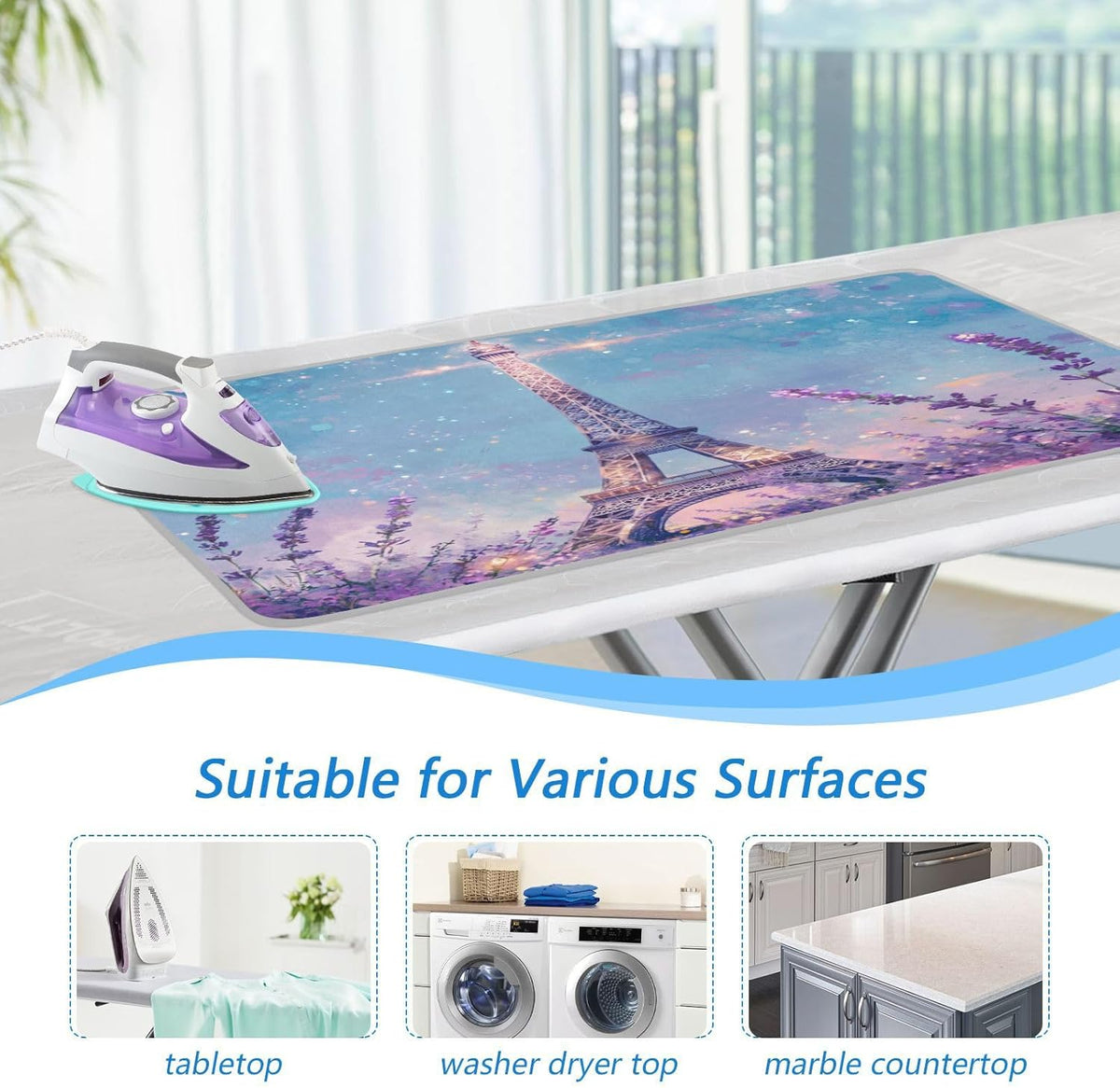 Ironing Mat Portable Ironing Pad Ironing Blanket for Table Top Heat Resistance Double-Side Using Travel Large 47.2 x 27.6 Inch Foldable Lightweight Lavender Eiffel Tower Purple