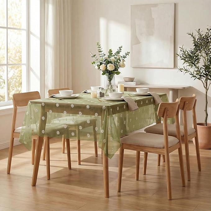Horaldaily Sage Green Embroidery Daisy Spring Summer Gauze Tablecloth 52×70 Inch Rectangular, Seasonal Tulle Table Cover, Garden Party Decorations for Wedding, Party, Holiday Dining