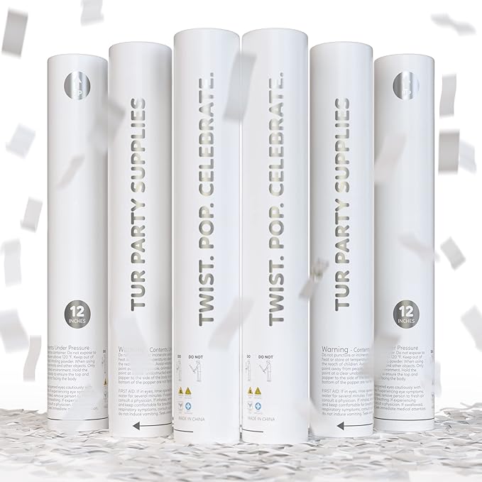 White Biodegradable Confetti Poppers Confetti Cannon | 6 Pack | Party Poppers Decoration for Wedding Exit, Graduation, Birthday | Wedding Party Favors | Launches 25 ft | 12 inch | TUR Party Supplies