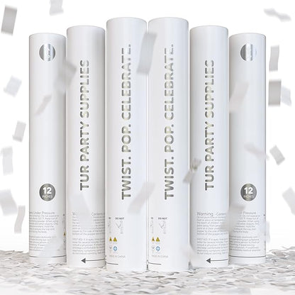 White Biodegradable Confetti Poppers Confetti Cannon | 6 Pack | Party Poppers Decoration for Wedding Exit, Graduation, Birthday | Wedding Party Favors | Launches 25 ft | 12 inch | TUR Party Supplies