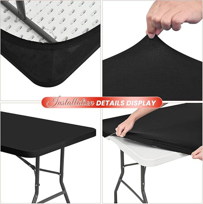 6 Pack Stretch Fabric Table Top Cap Cover, fits 6Ft Tables, Spandex Table Covers Washable Elastic Universal Rectangle Tablecloth Protector for Indoor Outdoor Party Picnic Wedding, Black, 30" W x 72" L