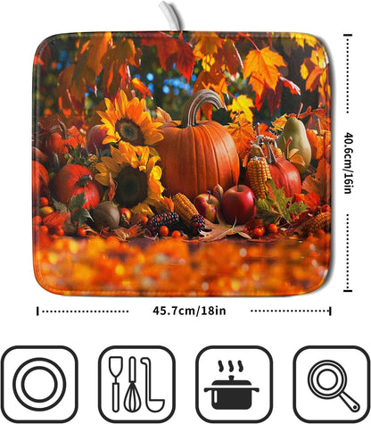 Fall Harvest Pumpkin Dish Drying Mat for Kitchen Counter,Thanksgiving Maple Leaves Sunflower Drying Mat 16 x 18 Inch with Absorbent Reversible