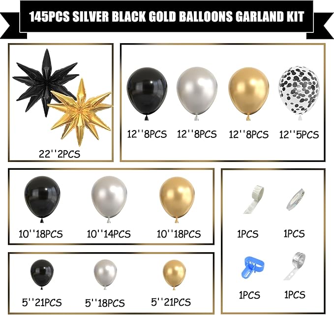 Amandir Black and Gold Balloons Arch Kit for Graduation Party Decorations, 145Pcs Black Gold Silver Confetti Balloons with Foil Star for 2026 Graduation College Congrats Grad Class Birthday Supplies
