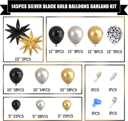 Amandir Black and Gold Balloons Arch Kit for Graduation Party Decorations, 145Pcs Black Gold Silver Confetti Balloons with Foil Star for 2026 Graduation College Congrats Grad Class Birthday Supplies