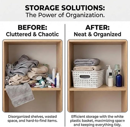 8 Pack White Storage Baskets, Plastic Woven Organizer Baskets, Stackable Shelf Baskets for Closet, Pantry & Bathroom