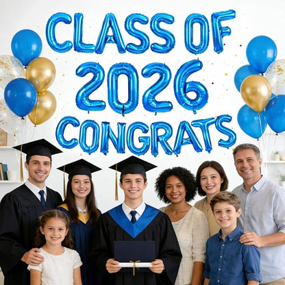 Blue Class of 2026 Congrats Balloons, 2026 Graduation Decorations 16inch Congrats Grad Foil Balloons Banner Sign for Class of 2026 College High School Graduation Prom Party Backdrop Supplies