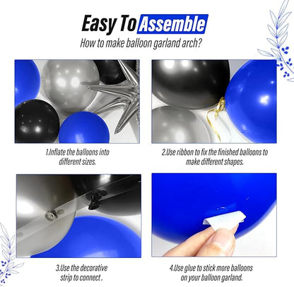 FOTIOMRG Royal Blue and Black Balloon Garland Arch Kit with 3pcs Star Balloon, Navy Blue Balloons Metallic Sliver Black Balloons for 30th 40th 50th Birthday Graduation New Years Party Decorations