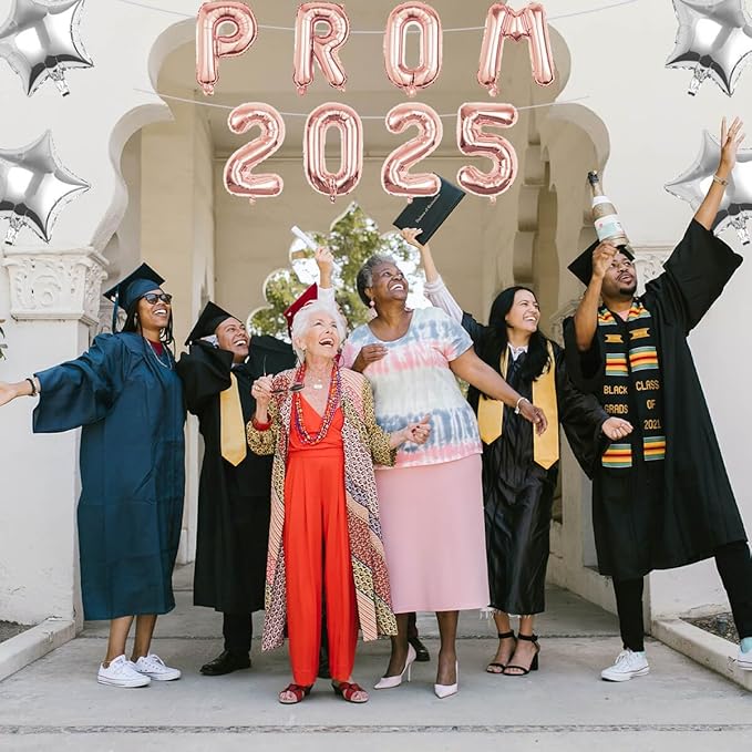 Prom 2026 Balloons Decorations, 16 Inch Foil Letter Number Balloons with 18 Inch Black Rose Gold Star Balloons for High School College Graduation Gift Retirement Ins Photo Party Supplies
