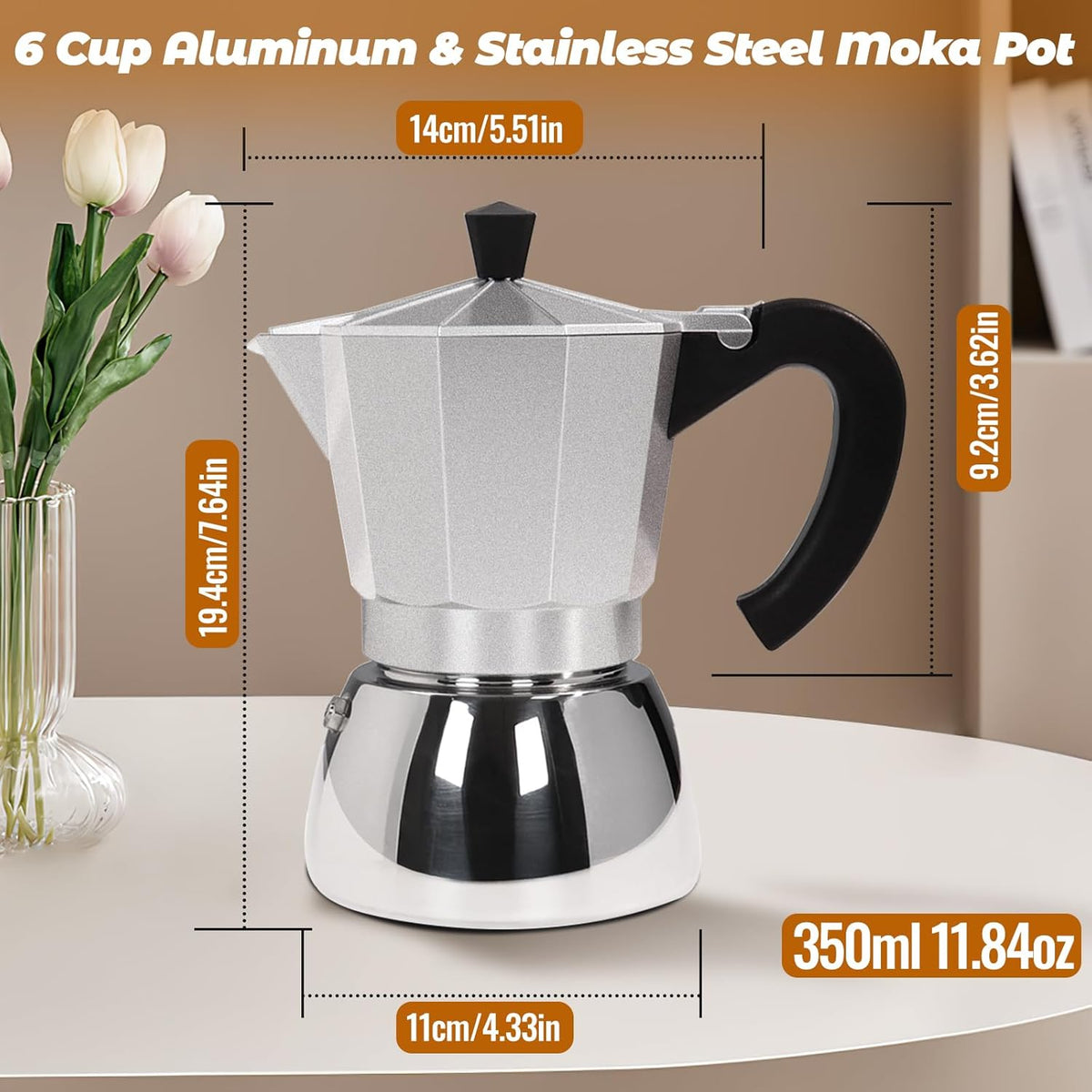 No Coating 6 Cup Aluminum and Stainless Steel Moka Pot Stovetop Espresso Maker Italian Coffee Machine 350ml 11.84oz Suitable for Gas Induction Stovetop Greca Coffee Maker Percolator Silver