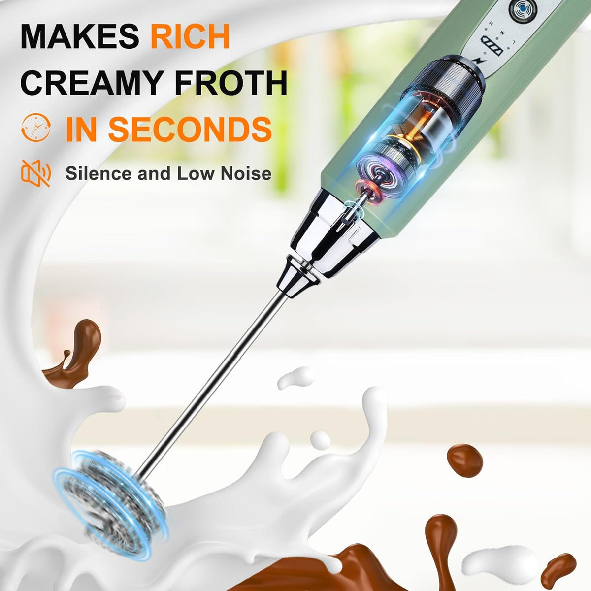 Yuswko Granite Green Handheld Milk Frother Wand for Coffee, Rechargeable Electric Whisk with 3 Heads 3 Speeds Drink Mixer Coffee Frother For Latte