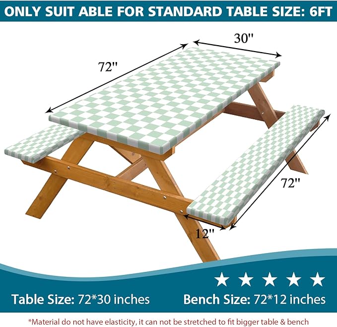 Picnic Table Cover with Bench Covers and Bag, Sage Green and White Checkered Buffalo Plaid Camping Tablecloth Waterproof Elastic Edges Fitted Gingham Tablecloth for Outdoor Garden 3PCS 30x72 Inch