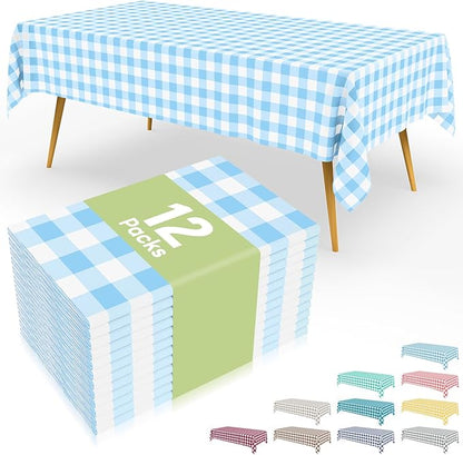 Smiry 12 Packs Gingham Disposable Table Cloth, 54 x 108 Inch Waterproof Plastic Tablecloth, Rectangle Baby Blue and White Checkered Table Covers for Picnic, Birthday, Party