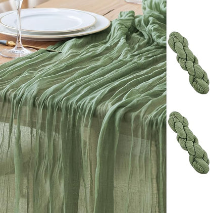 Asee'm 2pcs Cheesecloth Table Runner 120 Inches Sage Green Boho Gauze Cheese Cloth Runner 10FT Rustic Sheer Table Runners for Spring Easter Wedding Baby Shower Holiday Party Decoration