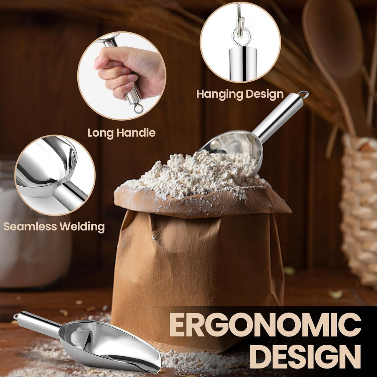 18oz Stainless Steel Ice Scoop for Freezer – Dishwasher Safe Metal Scooper with Long Handle for Ice Machines, Buckets, Dog Food, Flour, and Canisters – Ideal for Bar, Parties & Weddings