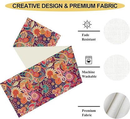 Purple Paisley Table Runner, Rustic Damask Antique Floral Flower Retro Boho Mandala Indian Bohemian Vintage Table Center Decor for Family Kitchen and Living Room Country Table Decorations, 13" X 90"