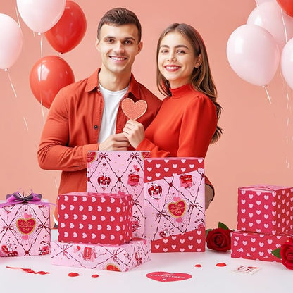 WERNNSAI Valentines Wrapping Paper Roll - 1 Roll 17’’ x 33ft Valentines Day Wrapping Paper Pink Red Heart Gift Packing Decorations for Men Women with Cutting Line Bridal Shower Wedding Supplies