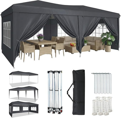 Aoxun 10x20 Pop Up Canopy Tent with 6 Removable Sidewalls, One Push Party Tent Waterproof Outdoor Canopy with 3 Adjustable Height, Portable Tents for Parties, Wedding, Commercial, Market