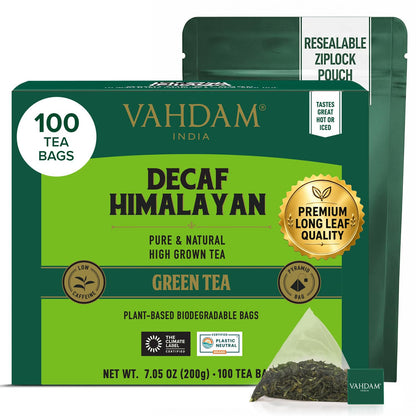 VAHDAM Decaf Green Tea Bags (100 Count) Tastes Exactly like Green Tea | High Quality. Refreshing &amp; Smooth | Non GMO | High Elevation Grown Green Tea | Pure Unblended | Resealable Ziplock Pouch