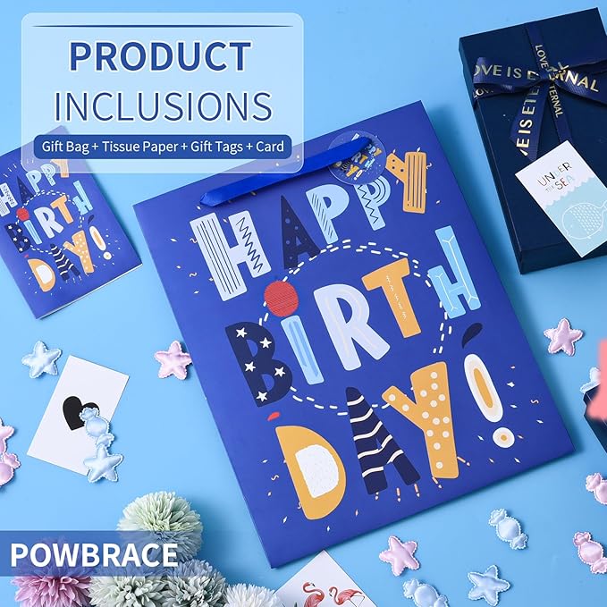 Powbrace 13" Blue Happy Birthday Bag with Tissue Paper and Greeting Card for Party,Happy Birthday Gift Bag for Boys, Girls, Kids, Men Women,Gift Bags Medium size (1 PCS Blue, Gift Bag)