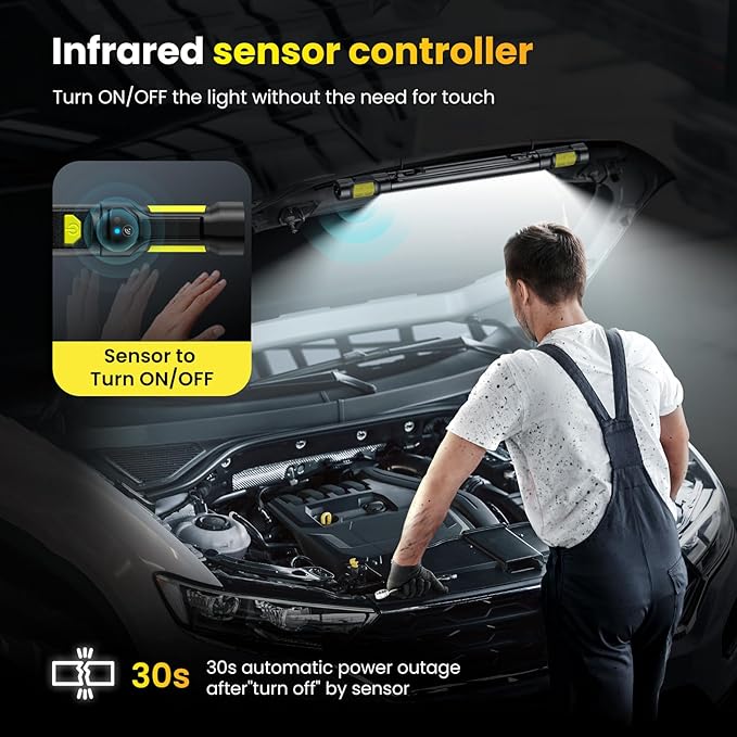 Work Light【AUTO ON/Off】 3000LM LED Work Light 5200mAh Under Hood Working Light with Hooks, Portable Magnetic Rechargeable Cordless Job Site Lighting for Mechanic/Car Repairing/Garage-Yellow