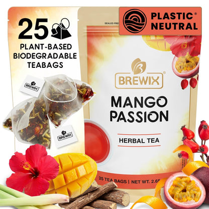 Brewix, Mango Passion Fruit Herbal Tea Bags – 25 Plant-Based Pyramid Bags, Iced or Hot, Hibiscus, Citrus Peel, Lemongrass
