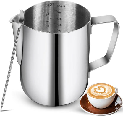 Milk Frothing Pitchers 20 oz, Stainless Steel Espresso Steaming Pitcher with Decorating Pen Coffee Milk Frother Cup with Scale Cappuccino Latte Art
