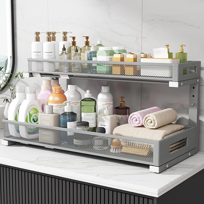 1 Pack 20.47IN Depth Under Sink Storage Organizer, Large 2-Tier Elegant Mesh Pull Out Shelf for Kitchen and Bathroom Cabinet Organization, L-Shaped and Adjustable Height Design-Gun Gray