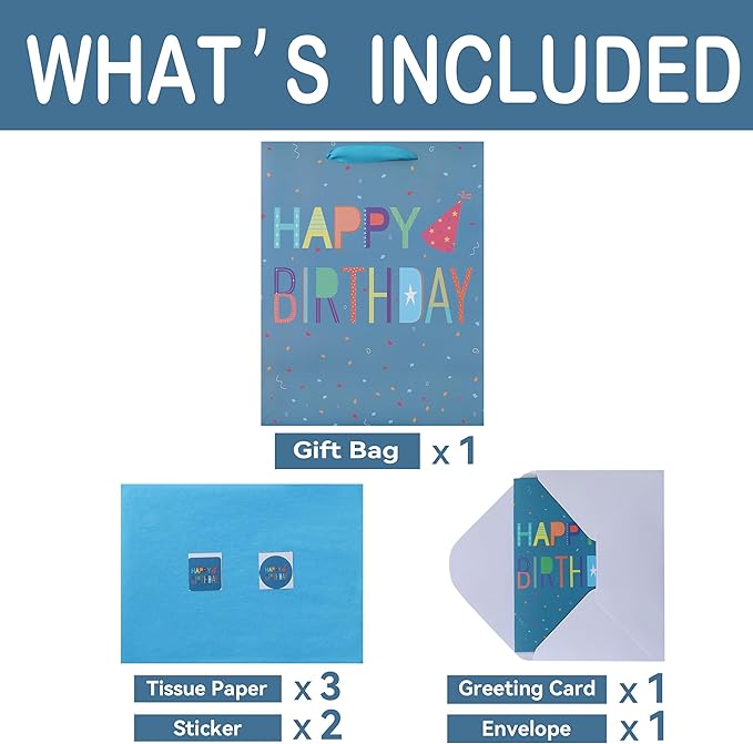 Qirrmiy 13” Large Happy Birthday Gift Bag Set with Handles, Greeting Card, Blue Tissue Papers and Stickers for Boys Teens for Baby, Kids‘ Birthday Party, Newborn, Cute Design, 1 Pcs