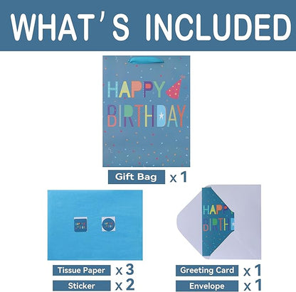 Qirrmiy 13” Large Happy Birthday Gift Bag Set with Handles, Greeting Card, Blue Tissue Papers and Stickers for Boys Teens for Baby, Kids‘ Birthday Party, Newborn, Cute Design, 1 Pcs
