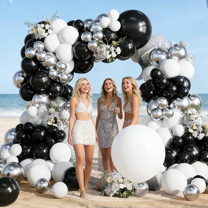 Black and Silver Balloons Arch Kit 155Pcs Different Sizes of 18 10 5 Inch Latex Black White Metallic Silver Balloon Garland for Birthday Anniversary Graduation Party Decorations