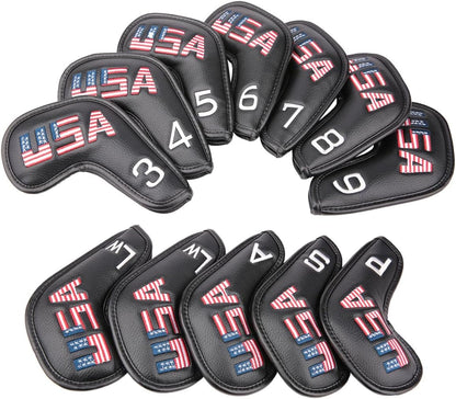Golf Builder Black Leather USA Golf Club Iron Wedge Head Covers Fit All Brands