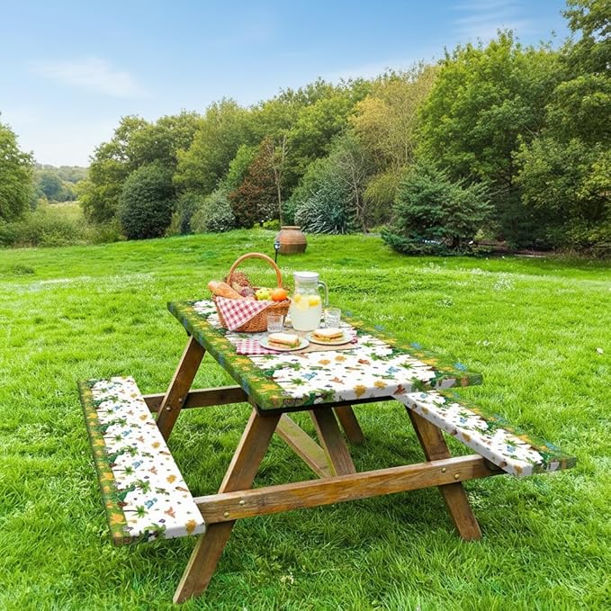 JAWO Dinosaur Picnic Table Covers with Bench Covers, Jungle Dino Print Tablecloth, Outdoor Table Cover Set, Patio Camping Picnic Table Protector, 60x30 Inch