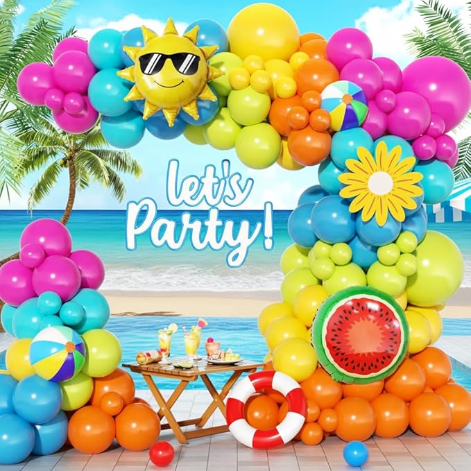 Tropical Hawaiian Balloon Garland Arch Kit 160Pcs, Summer Beach Pool Balloons Arch Kit with Beach Ball Pineapple for Birthday Hawaiian Luau Pool Beach Party Baby Shower Coconut Party Decor