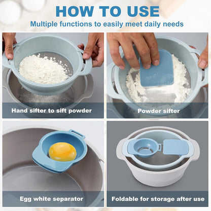 4-in-1 Baking Tools Set, Multifunctional Flour Sifter, Egg Separator, Mixing Bowl & Dough Scraper for Pastry & Cake Making