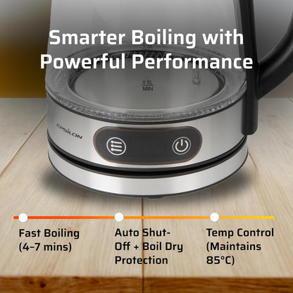 Epsilon 1.8L Glass Electric Kettle – Hot Water Tea Kettle with Borosilicate Glass & Stainless Steel, Auto Shut-Off, Fast Boil 1500W Electric Teapot